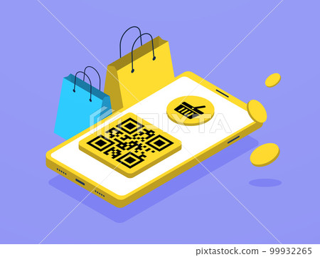 QR code payment - contactless, cashless transactions. Scan QR code with mobile app. M-commerce flat design illustration for seamless transactions. For financial institutions, payment service providers 99932265