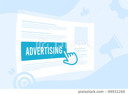 Targeted advertising and pay-per-click effectiveness programmatic ad concept. Cursor clicks on banner ad block in search engine or website, cursor highlights advertising 99932268