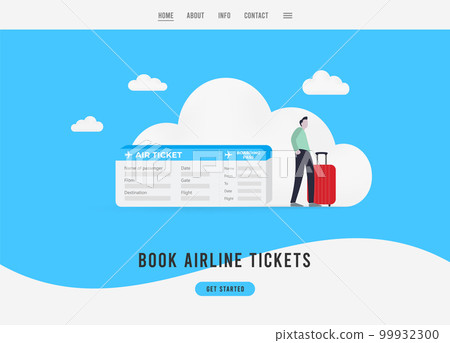A person holding suitcase standing in front of giant plane ticket with Book Airline Tickets slogan. Illustration representing the ease of booking airline tickets. Business landing page template 99932300