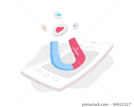 Audience reaction - social media marketing illustration. Huge powerful magnet attract attention and positive reactions. Like attracts like illustration concept. Get reaction from audience 99932327