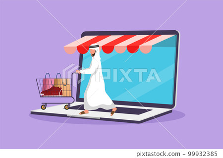 Cartoon flat style drawing Arabian man coming out of laptop screen and pushing shopping cart. Sale, digital lifestyle, consumerism, marketing. Online store concept. Graphic design vector illustration Cartoon flat style drawing Arabian man coming out of laptop screen and pushing shopping cart. Sale, digital lifestyle, consumerism, marketing. Online store concept. Graphic design vector illustration 99932385