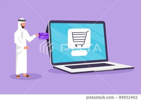 Cartoon flat style drawing young Arabian man inserting credit card into large laptop screen with shopping cart inside. E-commerce, digital payment and online store. Graphic design vector illustration Cartoon flat style drawing young Arabian man inserting credit card into large laptop screen with shopping cart inside. E-commerce, digital payment and online store. Graphic design vector illustration 99932402