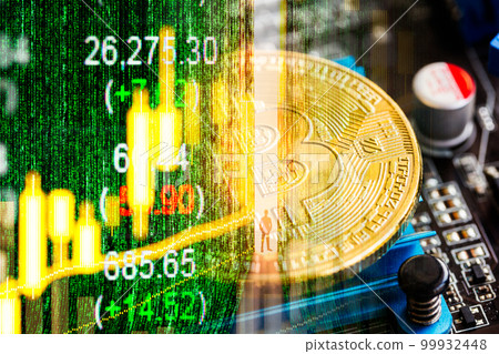 Modern way of exchange. Bitcoin is convenient payment in global economy market. Virtual digital currency and financial investment trade concept. Abstract cryptocurrency with gold bitcoin background.. 99932448
