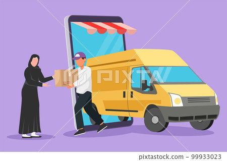 Graphic flat design drawing delivery box car comes out from smartphone screen and male courier gives package box to Arab female customer. Online store transportation. Cartoon style vector illustration 99933023