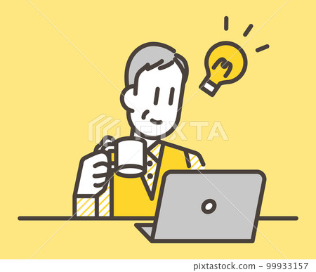 A senior man looking at a laptop with a smile has a coffee in one hand [person vector illustration material] 99933157