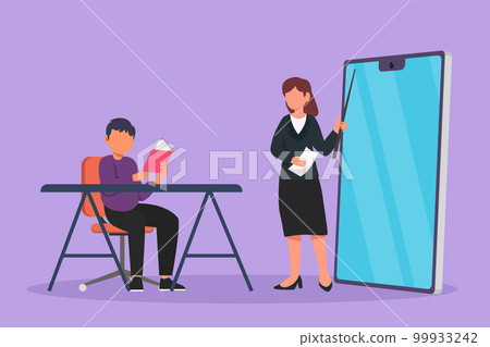 Graphic flat design drawing female teacher standing in front of smartphone screen holding book, teaching male junior high school student sitting on chair near desk. Cartoon style vector illustration 99933242