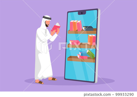 Graphic flat design drawing Arab male student reading book while standing in front of large smartphone with bookshelf on screen. Mobile education technology concept. Cartoon style vector illustration 99933290
