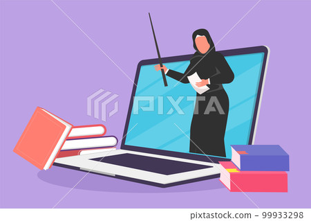 Graphic flat design drawing beauty Arab female teacher teaching, half of her body is out of laptop computer screen with pile of book. internet class. Online learning. Cartoon style vector illustration Graphic flat design drawing beauty Arab female teacher teaching, half of her body is out of laptop computer screen with pile of book. internet class. Online learning. Cartoon style vector illustration 99933298