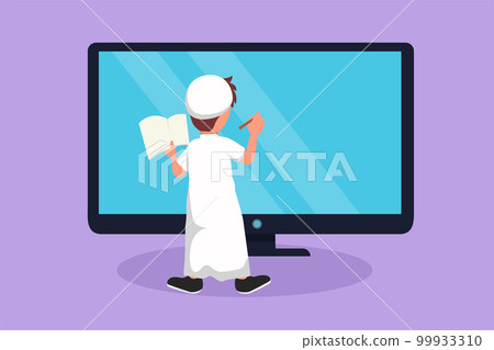 Cartoon flat style drawing back view of Arab pre schooler boy student writing on big computer monitor screen like he was writing on whiteboard. Little kid learning. Graphic design vector illustration 99933310