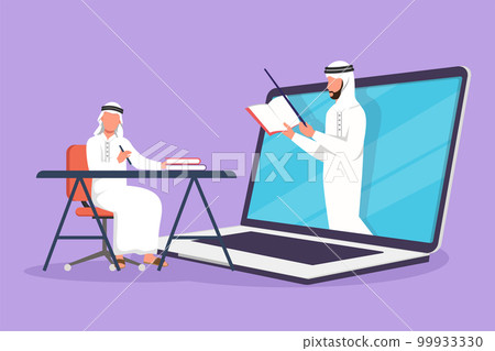 Graphic flat design drawing Arab male student sitting on chair with desk studying staring at laptop screen and inside laptop there is male lecturer who is teaching. Cartoon style vector illustration 99933330