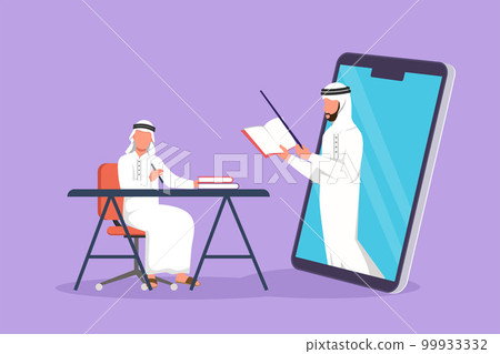 Cartoon flat style drawing Arab male student sitting on chair with desk studying staring at smartphone screen, inside laptop there is male lecturer who is teaching. Graphic design vector illustration 99933332