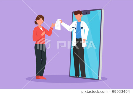 Character flat drawing young female patient receiving prescription from male doctor coming out of smartphone screen. Online medical healthcare consultation concept. Cartoon design vector illustration 99933404
