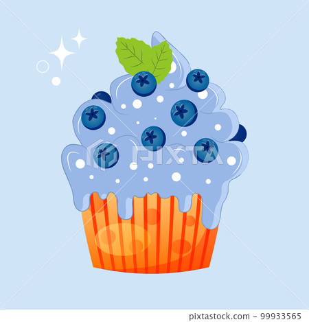 Cake with cream and blueberries and mint. Decoration for postcards, holiday posters. Appetizing cupcake. Cake with cream and blueberries and mint. Decoration for postcards, holiday posters. Appetizing cupcake. 99933565