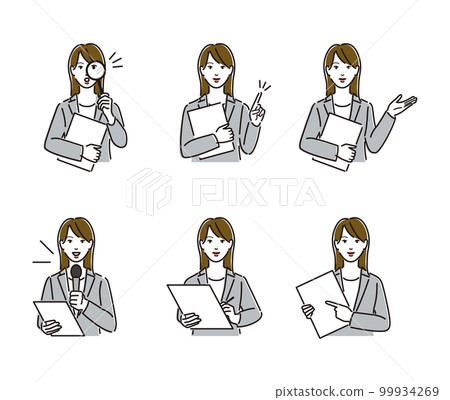 A set of common poses of a female business person holding documents 99934269