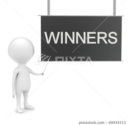 3d man presenting winners text on hanging board concept 3d man presenting winners text on hanging board concept 99934313