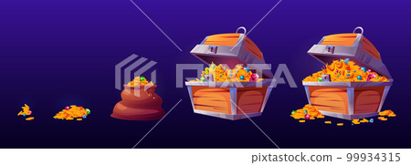 Pirate treasure icons with gold coins in chest Pirate treasure icons with gold coins in chest 99934315