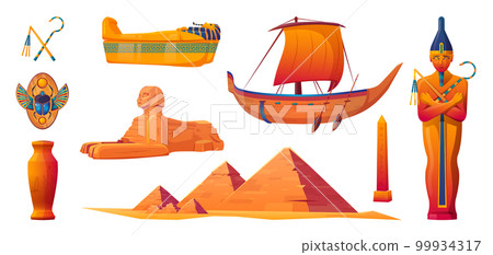 Egypt temple, pharaoh and sarcophagus vector set Egypt temple, pharaoh and sarcophagus vector set 99934317