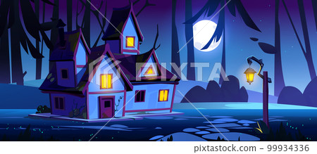 Witch house in forest landscape at night vector 99934336