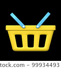 3D shop basket for grocery food. Empty bag. Realistic yellow plastic cart for goods. Rendered illustration. 99934493