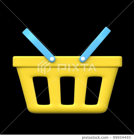 3D shop basket for grocery food. Empty bag. Realistic yellow plastic cart for goods. Rendered illustration. 99934493