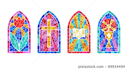 Church glass windows. Stained mosaic catholic frames with cross, book and religious symbols. Vector set isolated on white background 99934494