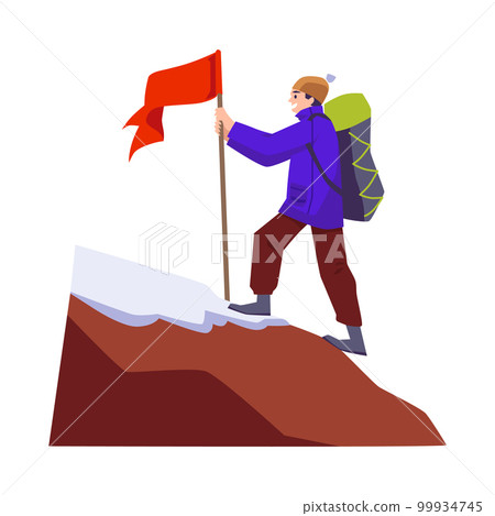 Rock climber hoisting a flag on mountain peak, flat vector isolated. 99934745
