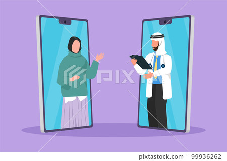 Cartoon flat style drawing two smartphone face to face contain young female patient talking online with Arab male doctor while holding clipboard. Digital healthcare. Graphic design vector illustration 99936262