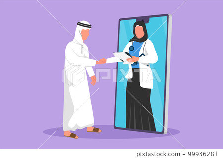 Graphic flat design drawing Arabian male patient shaking hands with female doctor coming out of smartphone and holding clipboard. Online medical consultation concept. Cartoon style vector illustration Graphic flat design drawing Arabian male patient shaking hands with female doctor coming out of smartphone and holding clipboard. Online medical consultation concept. Cartoon style vector illustration 99936281