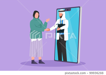 Cartoon flat style drawing Arab female patient standing and shaking hand with male doctor coming out of smartphone and hold clipboard. Online medical consultation. Graphic design vector illustration 99936288
