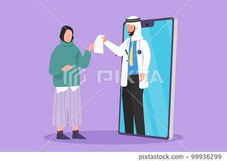 Graphic flat design drawing of Arabian female patient receiving prescription from male doctor coming out of smartphone screen. Online medical healthcare consultation. Cartoon style vector illustration Graphic flat design drawing of Arabian female patient receiving prescription from male doctor coming out of smartphone screen. Online medical healthcare consultation. Cartoon style vector illustration 99936299