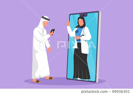 Cartoon flat style drawing male patient holding smartphone standing facing smartphone screen and consulting Arab female doctor. Doctor online or digital healthcare. Graphic design vector illustration Cartoon flat style drawing male patient holding smartphone standing facing smartphone screen and consulting Arab female doctor. Doctor online or digital healthcare. Graphic design vector illustration 99936301