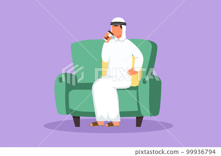Graphic flat design drawing Arab businessman sitting on couch and resting, drinking tea. Male manager is holding paper cup of coffee. Enjoying break time at office. Cartoon style vector illustration 99936794