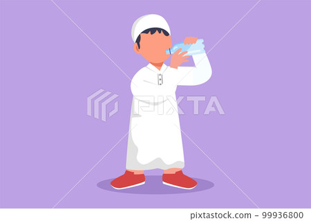Graphic flat design drawing adorable Arab little boy standing while holding and enjoying bottle of fresh milk to fulfill his body nutrition. Child health and growth. Cartoon style vector illustration Graphic flat design drawing adorable Arab little boy standing while holding and enjoying bottle of fresh milk to fulfill his body nutrition. Child health and growth. Cartoon style vector illustration 99936800