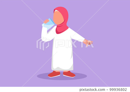 Cartoon flat style drawing beauty Arabian little girl standing while holding and enjoying glass of fresh milk to fulfill her body nutrition. Child health and growth. Graphic design vector illustration Cartoon flat style drawing beauty Arabian little girl standing while holding and enjoying glass of fresh milk to fulfill her body nutrition. Child health and growth. Graphic design vector illustration 99936802