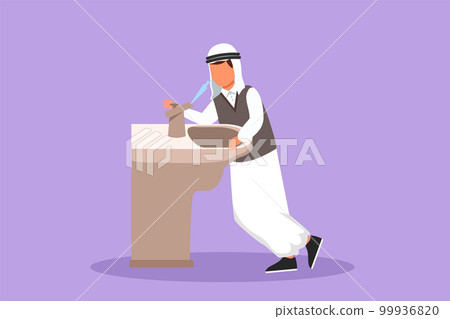Character flat drawing young Arab businessman who is thirsty drinking at the ready-to-drink taps that are widely available in public spaces. Healthy and freshness. Cartoon design vector illustration 99936820
