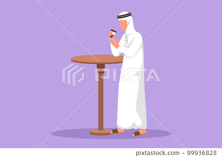 Graphic flat design drawing Arabian man stand at table in cafe, relaxing in cafeteria. Coffee break morning daily concept. Drinking hot flavored coffee at restaurant. Cartoon style vector illustration 99936828
