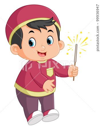 a happy Muslim boy is holding a firework a happy Muslim boy is holding a firework 99936947