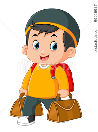 a Muslim boy is happy to travel out of town with lots of bags a Muslim boy is happy to travel out of town with lots of bags 99936957