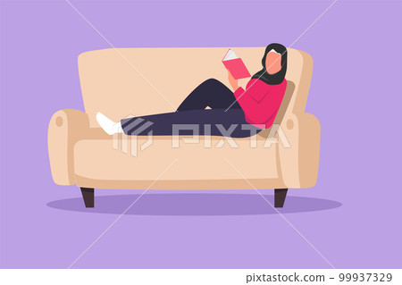 Graphic flat design drawing Arab woman lying on sofa and reading book at home. Happy female reading literature. Self education, distance studying, relaxing concept. Cartoon style vector illustration 99937329