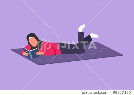 Graphic flat design drawing Arab woman lying and reading books at home. Student studying and preparing for exam with textbooks. Beauty female reader with literature. Cartoon style vector illustration Graphic flat design drawing Arab woman lying and reading books at home. Student studying and preparing for exam with textbooks. Beauty female reader with literature. Cartoon style vector illustration 99937330