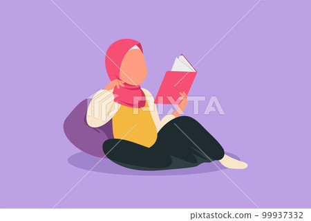 Cartoon flat style drawing Arab little girl reading, learning and leaning on cozy couch. Study at school. Smart female student get education. Intellectual knowledge. Graphic design vector illustration 99937332