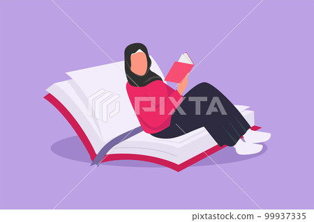 Character flat drawing Arab female reading, learning and sitting on open big book. Smart student studying in library. Literature fans, booklover, education concept. Cartoon design vector illustration Character flat drawing Arab female reading, learning and sitting on open big book. Smart student studying in library. Literature fans, booklover, education concept. Cartoon design vector illustration 99937335