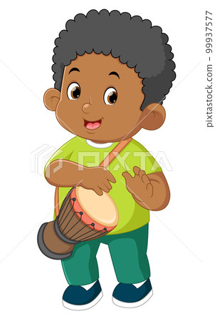 a cute african boy learns to play the bongo instrument 99937577