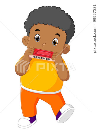 a cute African boy plays the harmonica seriously a cute African boy plays the harmonica seriously 99937581