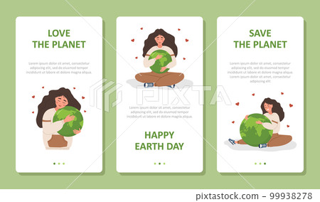 Earth day illustrations. Set of vector posters. Cute girl holding Planet with care and love. Perfect for web design, business presentation, marketing and social media 99938278