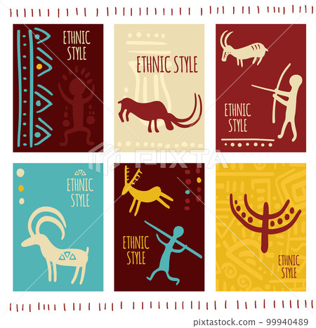 Set of vertical gift tag, badge, sticker with prehistoric rock painting petroglyphs, human and animal. Card with Palaeolithic Petroglyph with hunting scene for decoration, invitation Set of vertical gift tag, badge, sticker with prehistoric rock painting petroglyphs, human and animal. Card with Palaeolithic Petroglyph with hunting scene for decoration, invitation 99940489