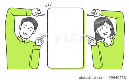 商務人士（男性和女性）雙手指向水平板的矢量插圖 99940758