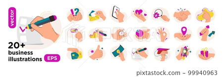 Vector illustrations of digital marketing with hands. The concept of a business idea, startup, organization, brainstorming. Mega set isolated on a white background Vector illustrations of digital marketing with hands. The concept of a business idea, startup, organization, brainstorming. Mega set isolated on a white background 99940963