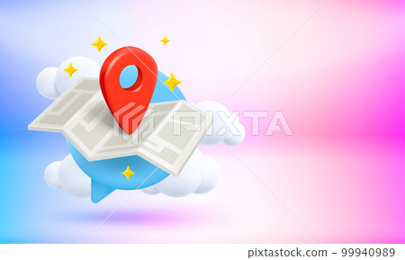 Red navigation pin on paper map. Travel concept. 3d vector banner with copy space Red navigation pin on paper map. Travel concept. 3d vector banner with copy space 99940989