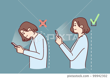 Girl with mobile phone demonstrates correct and incorrect posture while using applications 99942302